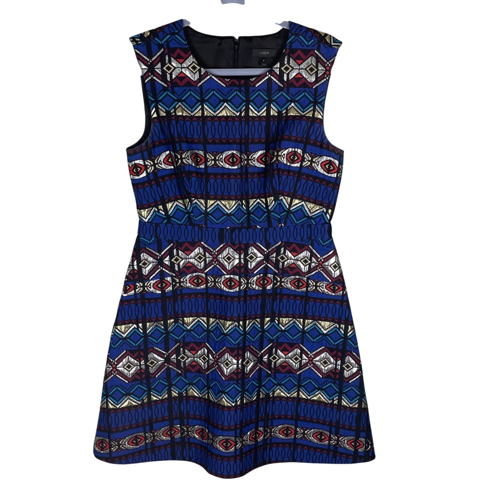J.Crew Dress Womens 8 Blue Excellent Geometric Metallic Ikat Fit Flare Y2k 2000s